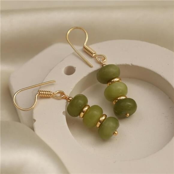 Green Opal Gemstone Dangle Earrings | Gold Plated Brass | Lightweight - Picture 2 of 5
